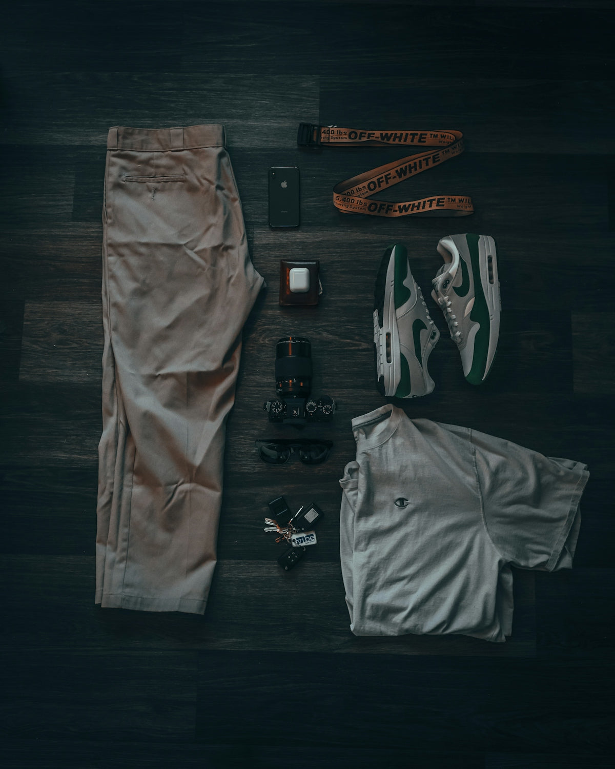 gray pants on black table