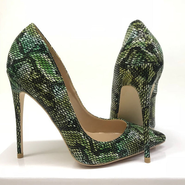 Tikicup - Zapatos de tacón alto con estampado de pitón verde en relieve para mujer