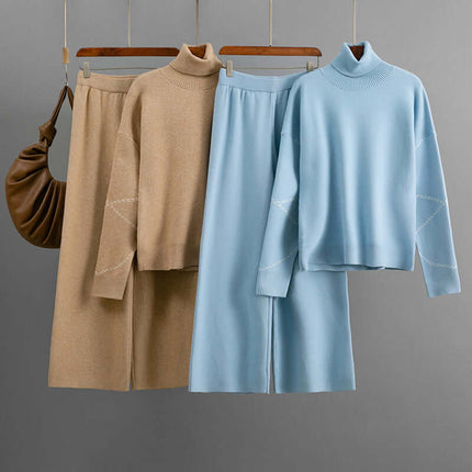 Conjunto de suéter holgado de cuello alto y pantalón de mujer