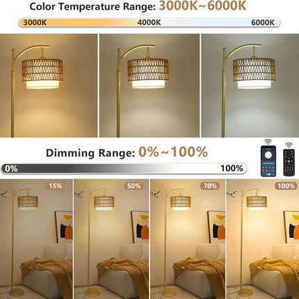 Lámpara de pie dorado, control remoto y bombilla LED regulable - tugranalmacen.com