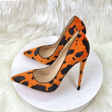 Zapatos de tacón alto Tikicup con estampado de vaca naranja y pelo aterciopelado para mujer, punta puntiaguda, 8 cm, 10 cm y 12 cm, sin cordones, sexy