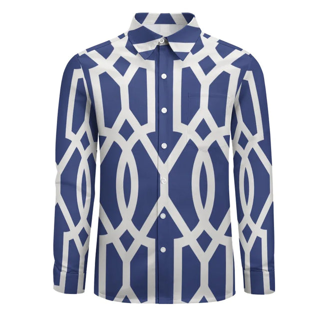 Camisa de Hombre Manga Larga y Patrón Geométrico Azul Blanco