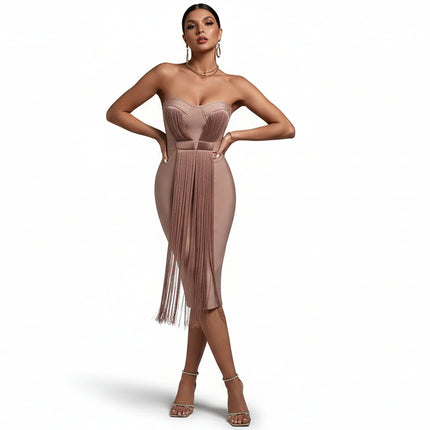 Vestido ajustado de Dacron sin tirantes y escote en V