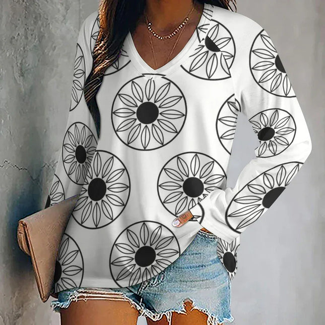 Camiseta de Mujer Manga Larga y Flores Geométricas Blanca