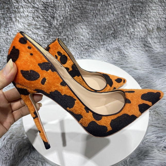 Zapatos de tacón alto Tikicup con estampado de vaca naranja y pelo aterciopelado para mujer, punta puntiaguda, 8 cm, 10 cm y 12 cm, sin cordones, sexy