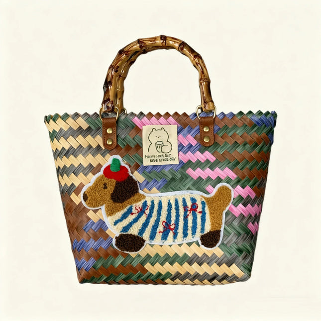 Large capacity sausage dog hand woven cabbage basket rattan woven handbag office miscellaneous carry bag picnic women's bag - tugranalmacen.com