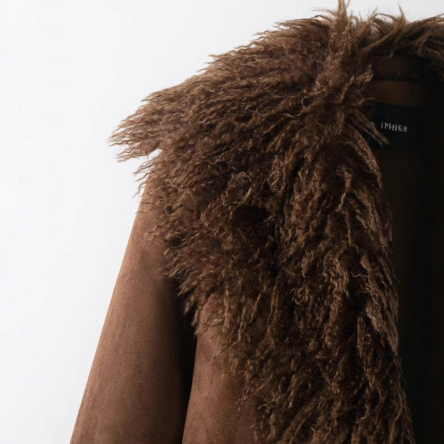 Chaqueta de Piel Sintetica Mujer con Cuello de Pelo - Abrigo Elegante