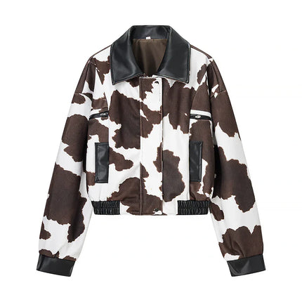 Chaqueta con estampado de vaca para mujer en cuero vegano