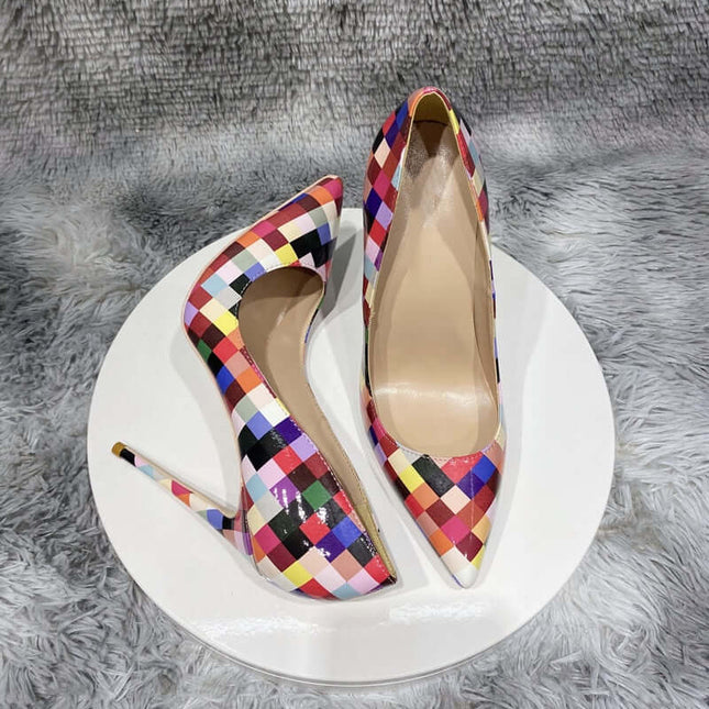 NoEnName_Null-Tacones altos a cuadros multicolor, zapatos gladiadores, sin cordones, para boda, tallas 45, 12, 10 y 8 cm