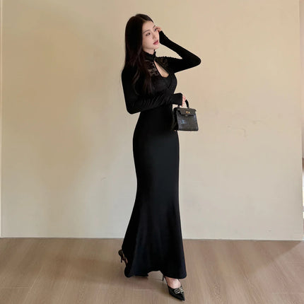 Vestido de cola de pez de manga larga con escote abierto - tugranalmacen.com