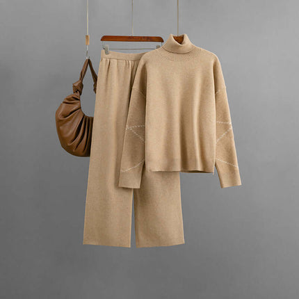 Conjunto de suéter holgado de cuello alto y pantalón de mujer