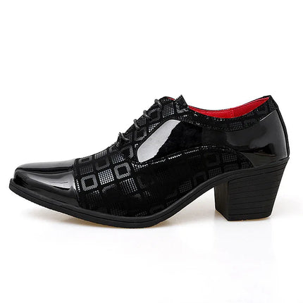 Zapatos unisex de tacón alto Elegancia retro Glam negros charol con diseño geométrico y detalles de encaje