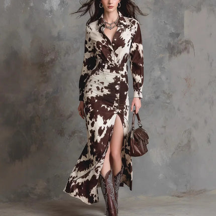 Vestido camisero marrón oscuro con patrón de animales