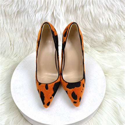 Zapatos de tacón alto Tikicup con estampado de vaca naranja y pelo aterciopelado para mujer, punta puntiaguda, 8 cm, 10 cm y 12 cm, sin cordones, sexy