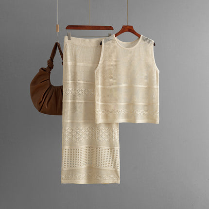 Conjunto de punto sin mangas y cuello redondo para mujer