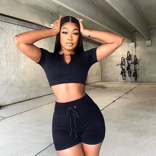 Conjunto de verano para mujer: conjunto sexy de dos piezas con top corto acanalado con cremallera y shorts con cordón ajustable.