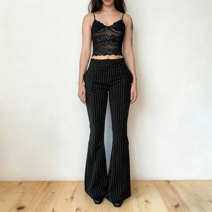 Pantalones Acampanados a Rayas Blancas y Negras - Tiro Bajo Mujer