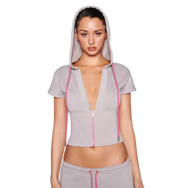 Sudadera Crop de Mujer con Capucha  y Cremallera Gris Cordones Rosa