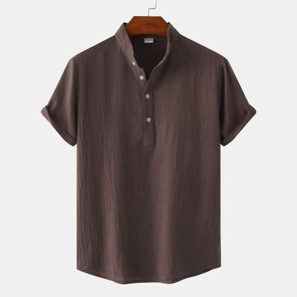 Camisa de algodón y lino con cuello mao y patrón floral para hombre