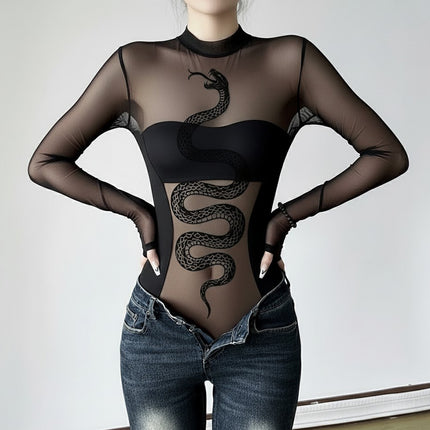 Mono negro de malla con estampado serpentino para mujer