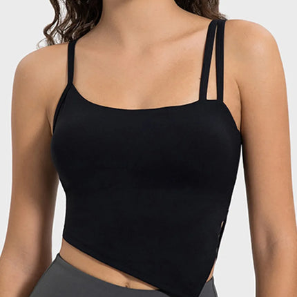 Camiseta deportiva elástica para mujer con cuello asimétrico