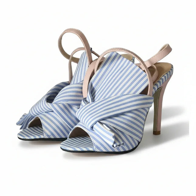 Sandalias de tacón alto con boca de pez y lazo a rayas - tugranalmacen.com