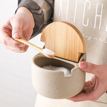 Tarro de cerámica japonesa con tapa de bambú y madera para condimentos - tugranalmacen.com