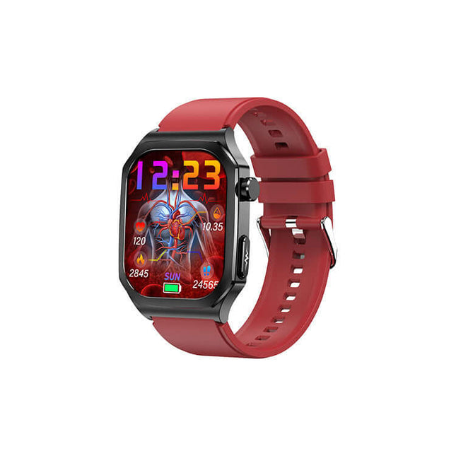 Reloj inteligente ET280 rojo con ECG, llamadas Bluetooth y pantalla digital ideal para monitorización de salud.