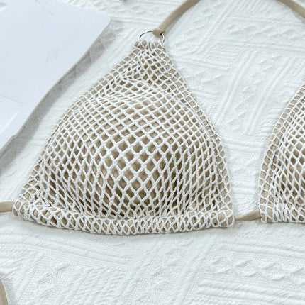 Bikini triangular blanco con lazos en detalle de la parte superior de triángulo ajustable