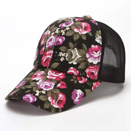 Gorra de béisbol floral roja con visera curva ajustable