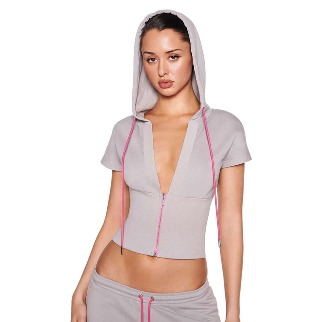 Sudadera Crop de Mujer con Capucha  y Cremallera Gris Cordones Rosa
