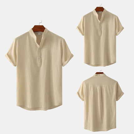 Camisa de algodón y lino con cuello mao y patrón floral para hombre