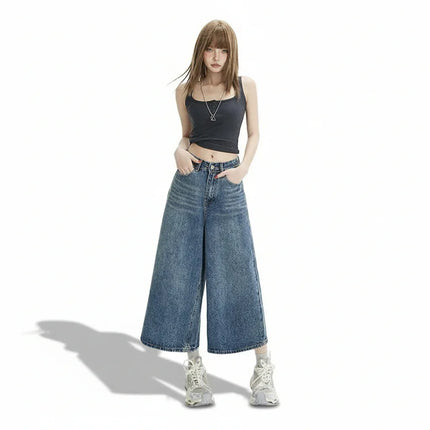 Jeans cropped anchos azul denim