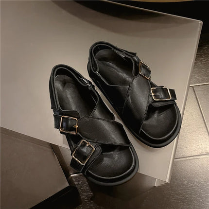 Sandalias de cuero marrón para mujer, cómodas para verano