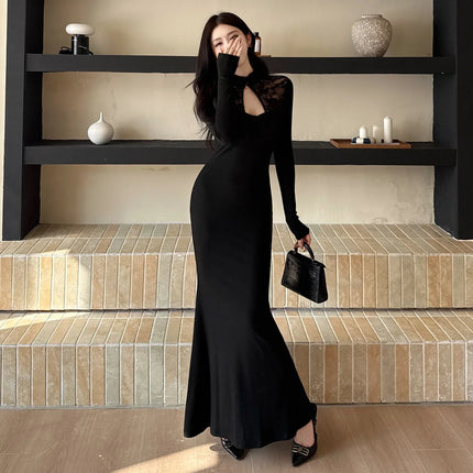 Vestido de cola de pez de manga larga con escote abierto - tugranalmacen.com