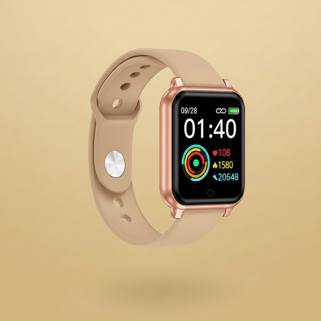 Pulsera inteligente impermeable con monitor de salud y notificaciones, diseño moderno y funcional para fitness.