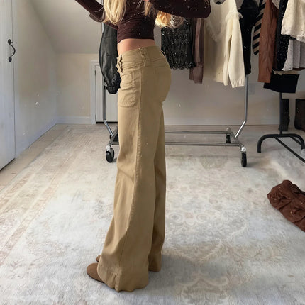 Vaqueros rectos, de cintura baja y color liso, versátiles, para mujer - tugranalmacen.com