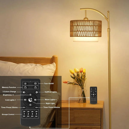 Lámpara de pie dorado, control remoto y bombilla LED regulable - tugranalmacen.com
