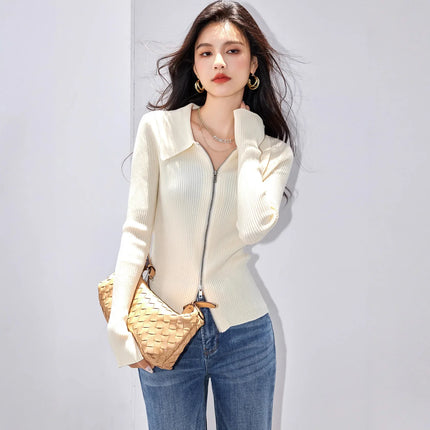 Suéter de punto blanco con doble cremallera, cuello alto - tugranalmacen.com