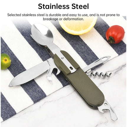 7-in-1 multifunctional stainless steel foldable outdoor camp tableware: fork, spoon, knife. Survival tools for picnic, camping. - tugranalmacen.com
