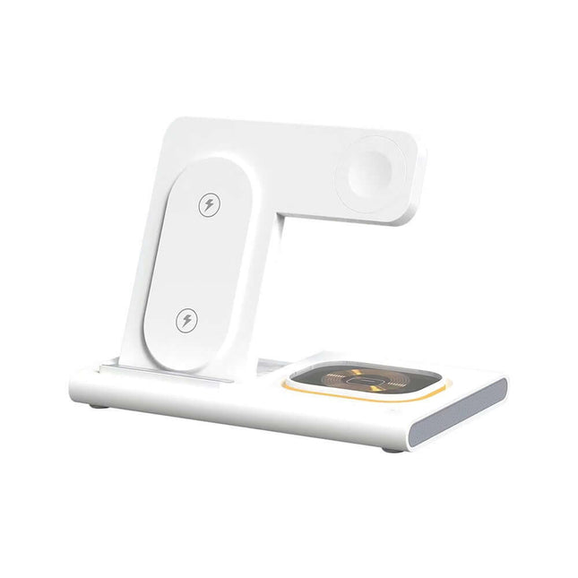 Cargador inalámbrico 3 en 1 para smartphone, reloj y auriculares; carga rápida y eficiente.