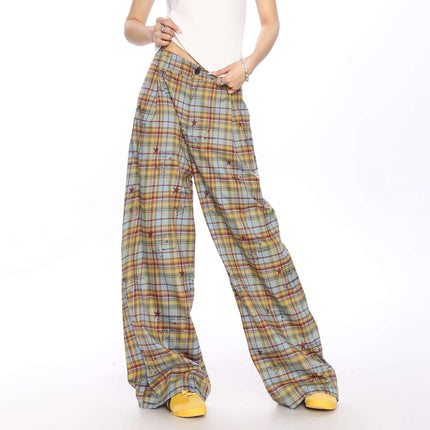 Pantalon casual a cuadros de corte holgado para mujer en tonos amarillos y azules, diseño cómodo y moderno.