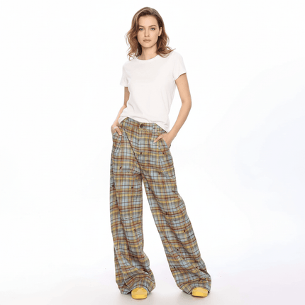 Pantalon casual a cuadros de corte holgado para mujer con cuadros amarillos y azules en tejido poliéster.