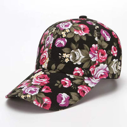 Gorra de béisbol floral roja con visera curva ajustable