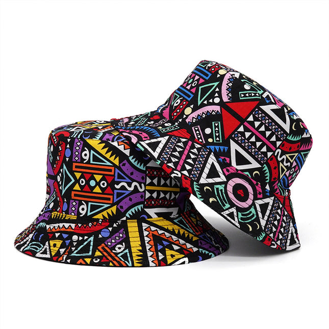 Sombrero bucket estampado étnico estilo japonés con diseño colorido y moderno.