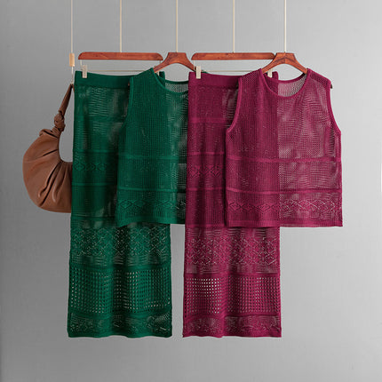 Conjunto de punto sin mangas y cuello redondo para mujer