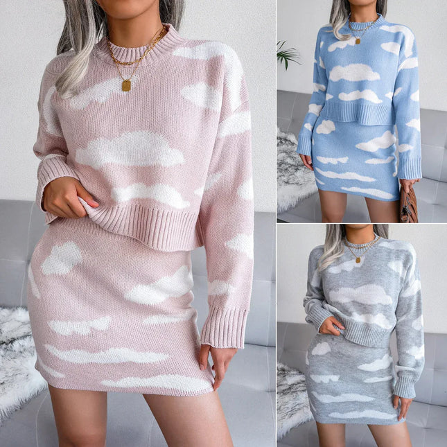 Dos piezas de suéter de punto de nube blanca con falda ajustada a la cadera - tugranalmacen.com