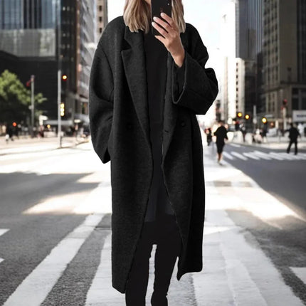 Abrigo Largo de Lana para Mujer - Elegante Chaqueta Cortavientos Negro