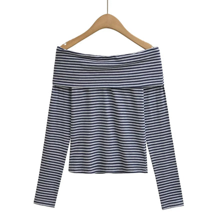 Camiseta a rayas con botones, de manga larga y hombros descubiertos - tugranalmacen.com