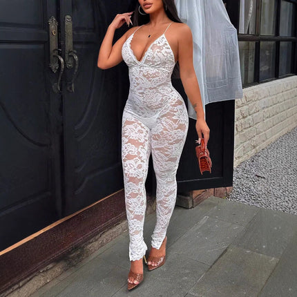 Mono de encaje ajustado con escote en V y tirantes halter para mujer